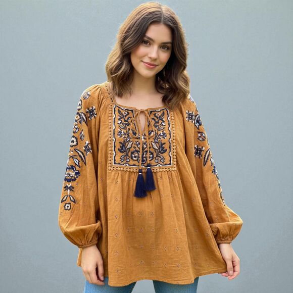 Dressbarn L Mustard Boho Embroidered Peasant Blouse Tassel - Picture 1 of 11